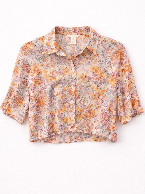 H&M Tops - H&M Linen Floral Crop Button Up Blouse XS Multicolor Short Sleeve